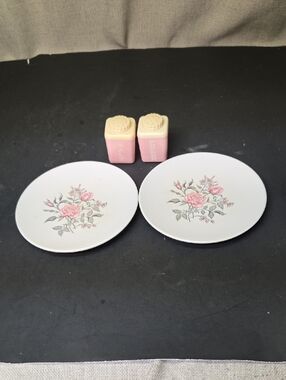 vintage Lustro-Ware pink and white plastic S&P shakers + 2 Rose Plates